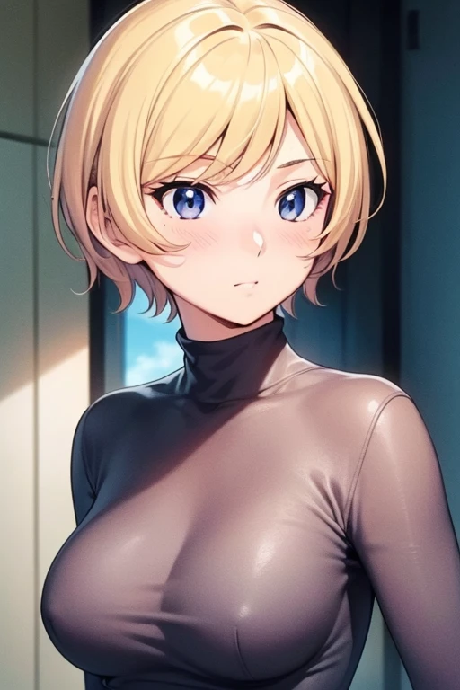 mangamichirum, 1girl, blond hair, short hair, blush, medium breast, (black inner shirt, turtleneck), upper body, looking at view, (masterpiece, high resolution, best quality, anime screencap, anime colored, 8k, photorealistic)