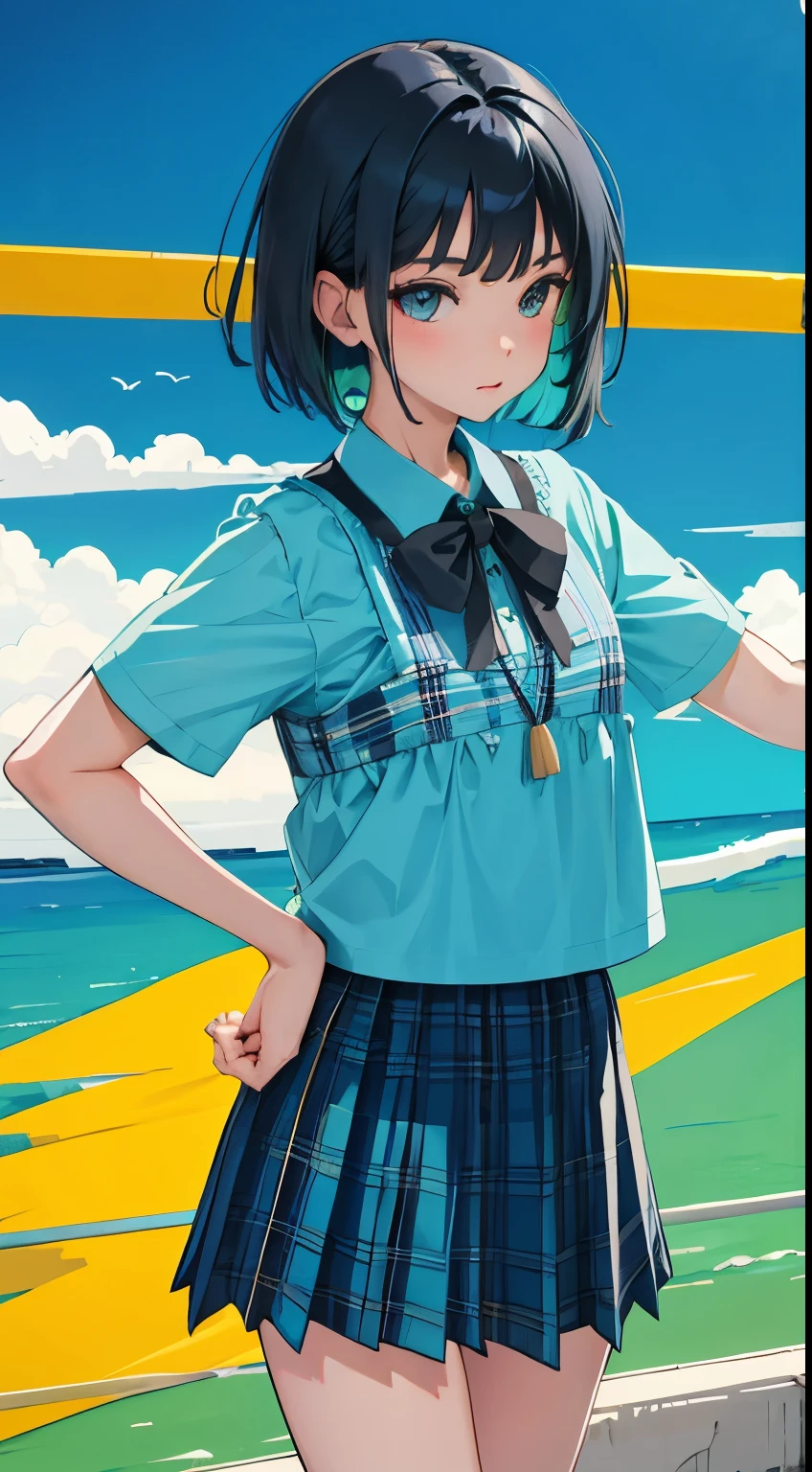 (child),(masterpiece,Top quality),Turquoise pleated miniskirt with blue-green plaid pattern,short sleeve,black hair,Summer Classroom,night,night景