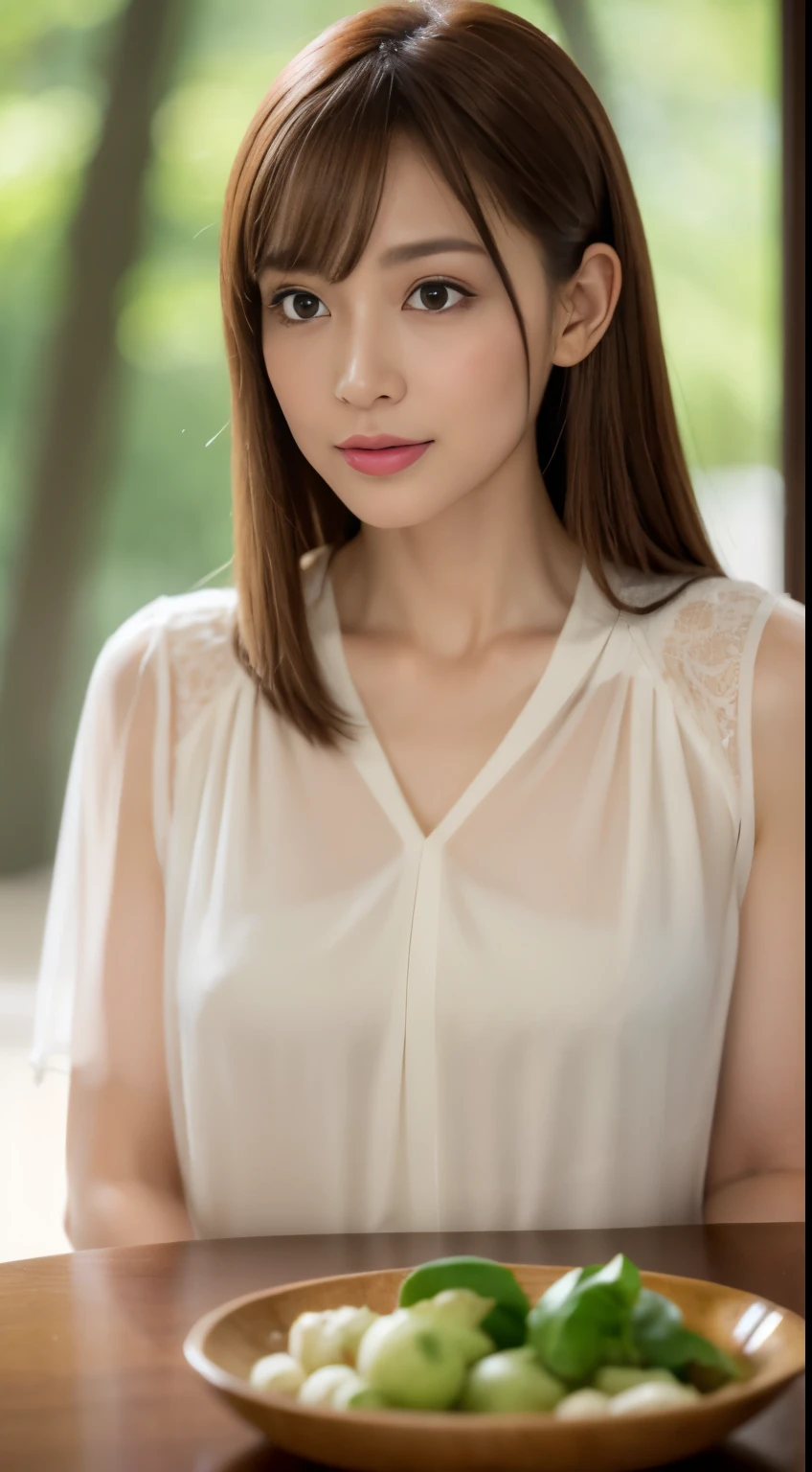 1 female, close up of face, Medium chest, light brown hair, dull bangs, hair behind the ear, shoulder hair, long hair, slender body shape, Extra-fine face, thin face, delicate lips, beautiful eyes, light blush, eyes are light brown, perfect shiny skin, perfect skin, Shining sweat,See here, ultra thin hands, super thin fingers, Optimal ratio of 4 fingers and 1 thumb, (realistic:1.3), Finger extension, see-through white blouse. coniferous forest, one person&#39;perspective, movie, f/1.2, 8K, table top, nffsw, Super detailed, high quality, 最high quality, High resolution,abs,6 pack,