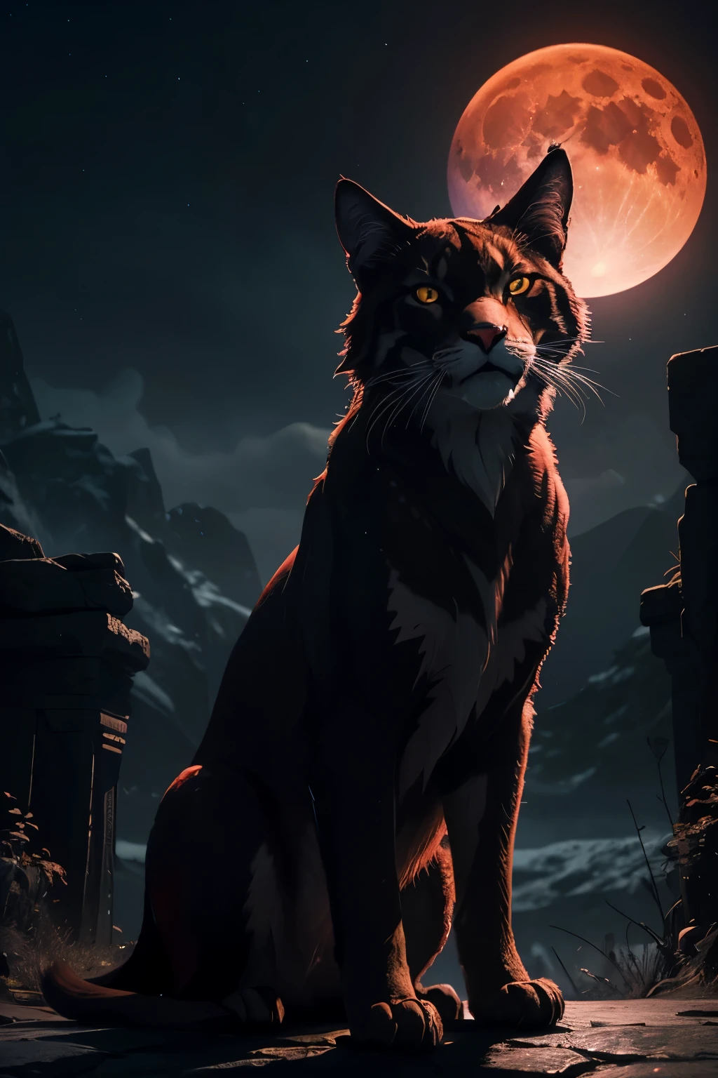 In the captivating light of the full red bloodmoon, the Sabertooth unleash haunting howls that pierce the night. Rendered in vivid detail, this image depicts a scene of intensity and mystery, frozen in time like a breathtaking photograph. The sleek and agile Sabertooth are silhouetted against the moon's glowing backdrop, their eyes gleaming with a mix of curiosity and primal instinct. The vibrant hues of the moon's scarlet glow are beautifully captured, casting an eerie yet alluring aura over the entire composition. This visually stunning tableau effortlessly captures the enigmatic allure of a night where the feline realm embraces its ancient connection to the celestial.