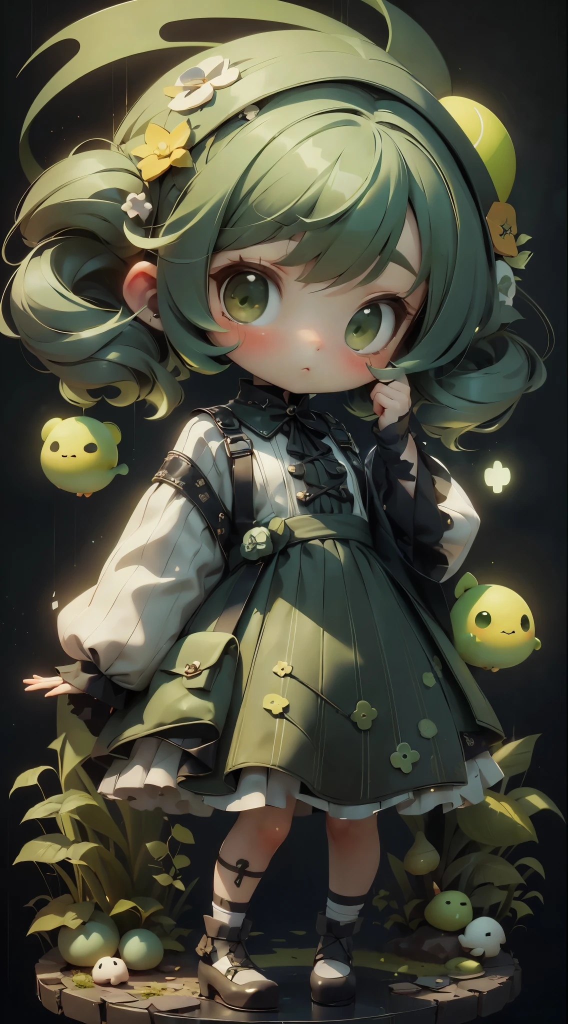 plastican00d, 1 girl, Chibi T-Shi,green hair, luxurious fabrics, Jitter,looking at the audience, Striped background