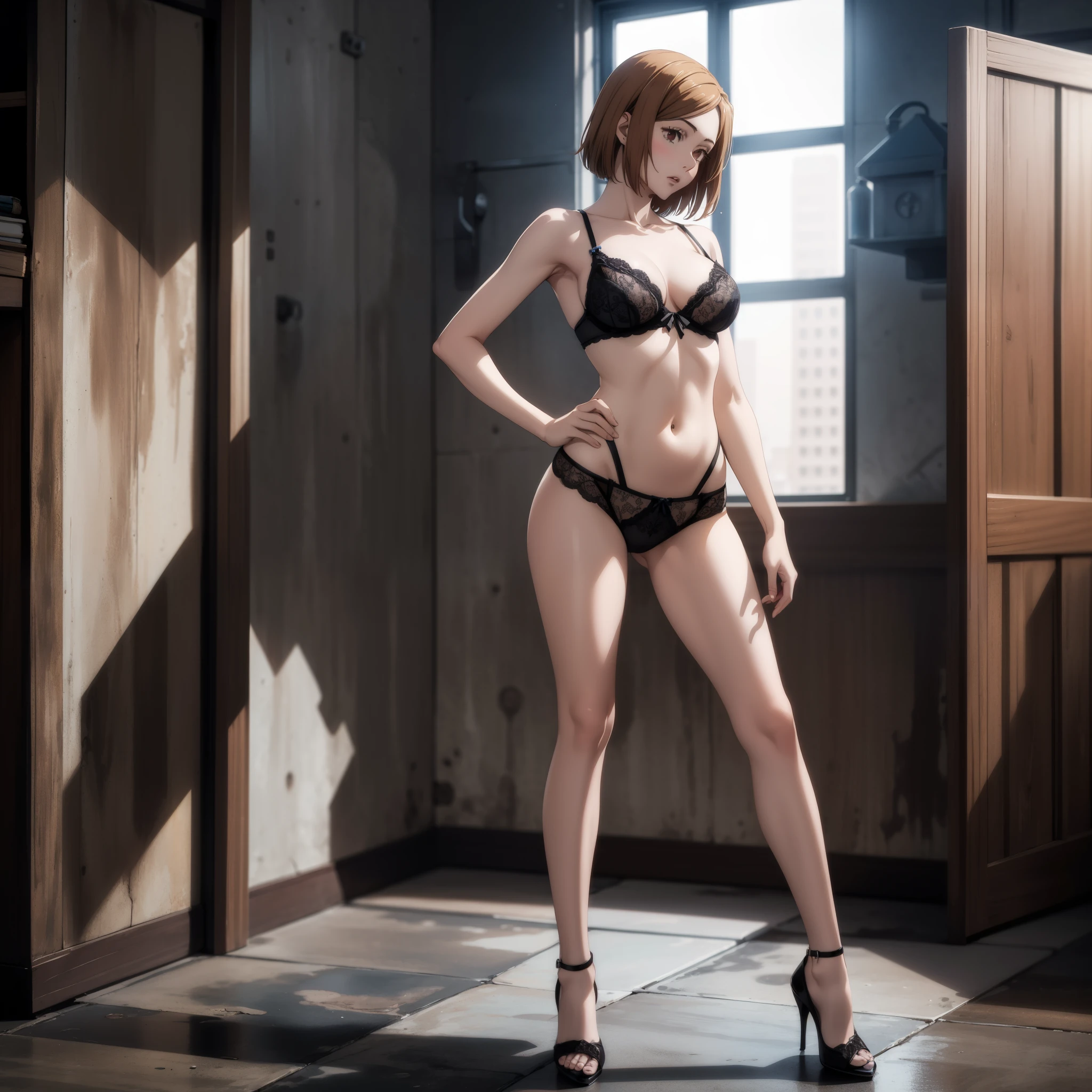 Nobara Kugisaki, 1girl, manly, masterpiece, best quality, highly detailed, sexy lingerie, high heels, solo, 1 girl, standing