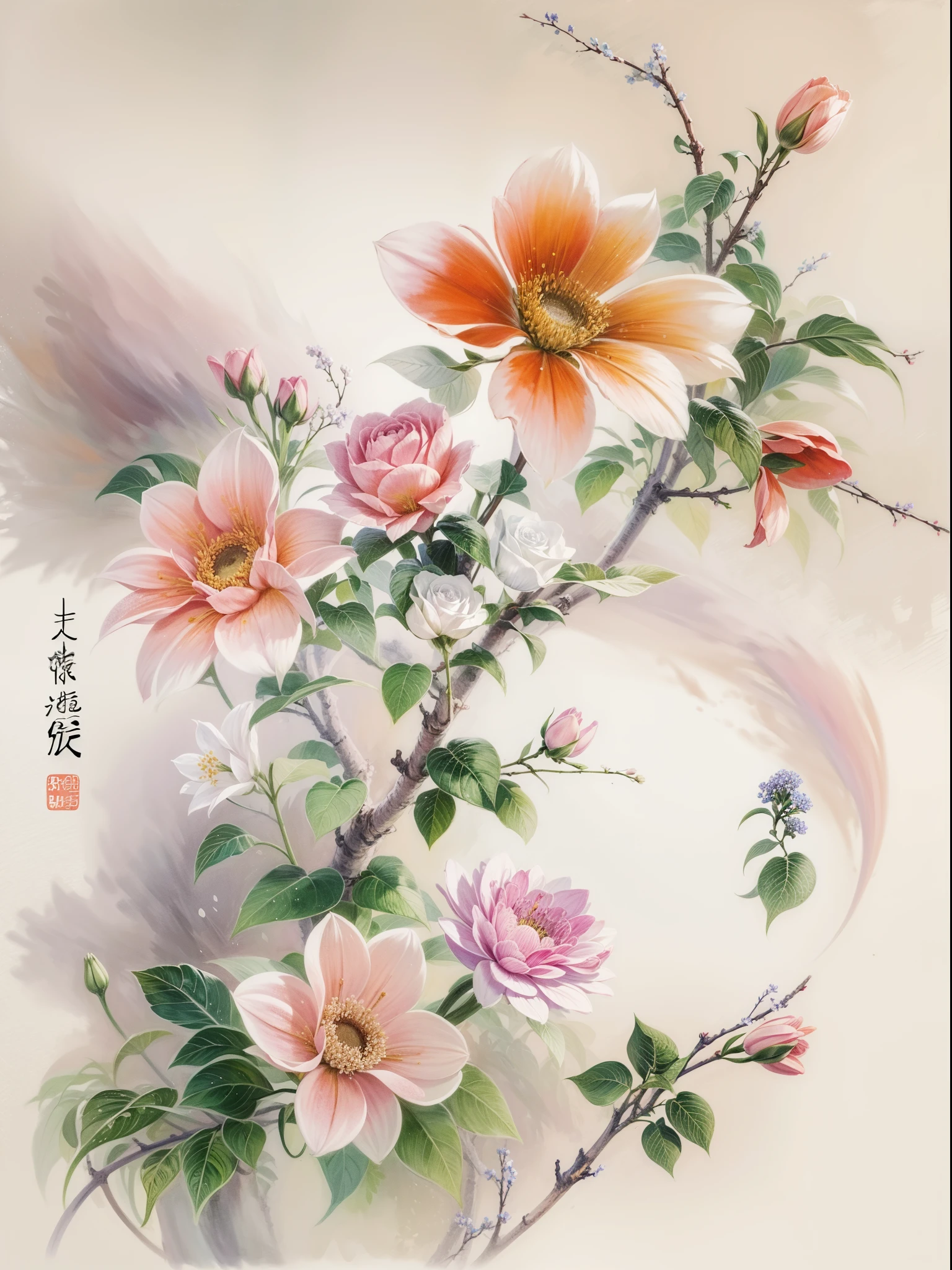 Chinese watercolor paintings focus on the beauty and characteristics of flowers,Using traditional Chinese watercolor style,Capture the elegance and subtlety of flowers,Composition includes various flowers,Each flower is presented with the delicate brushstrokes and soft colors typical of Chinese watercolor art。The arrangement of flowers should be beautiful and beautiful,Demonstrate their individual beauty and the overall balance of the composition。The background should be minimalist,Make flowers the centerpiece of your artwork