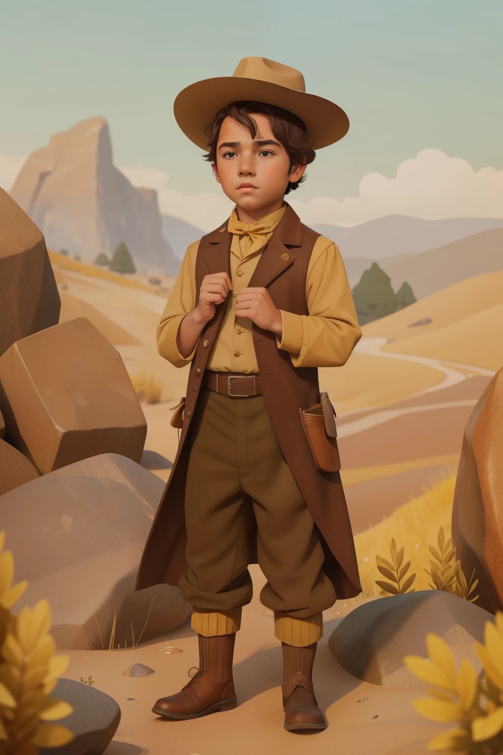 1840s American Gold Rush Golem Prospector (Location: California Hills)
Character: A tween boy with sandy hair, in 1840s prospector attire, discovers a golem amidst the California hills during the Gold Rush. The golem aids in prospecting, turning rocks into gold. Wes Anderson's gold rush palette adds a touch of frontier magic to the scene.