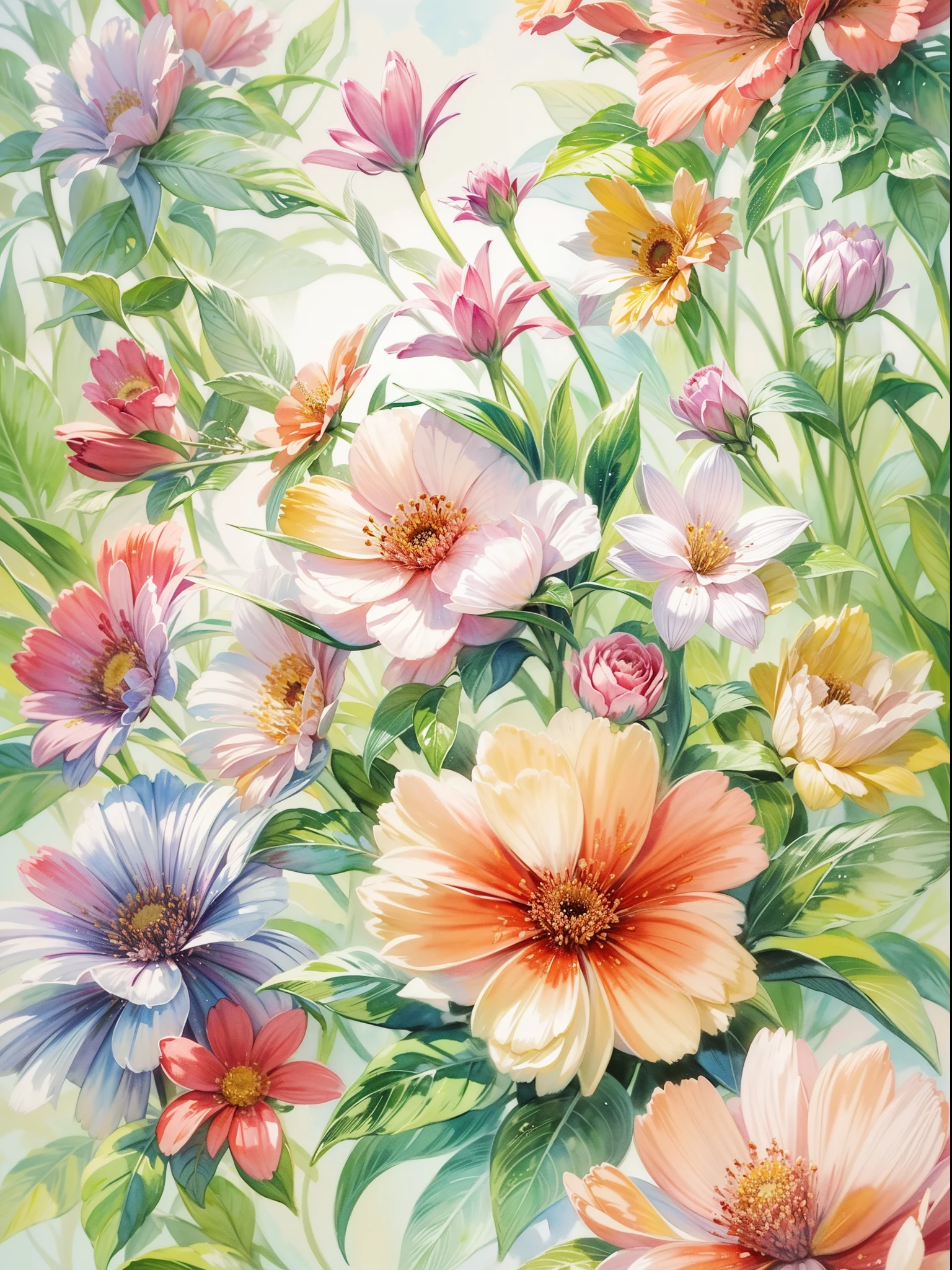 一幅floral watercolor painting，Highlights the characteristics and beauty of Renaissance-style watercolor art。Artwork should capture the unique qualities of Renaissance watercolors，For example, the use of light and shadow、Detailed brushwork and rich color palette。The composition includes a variety of flowers，Each one is carefully rendered，to showcase their individual beauty and the work as a whole。Detailed background，Complements the flowers，But not overwhelming the flowers。Focus on expressing the grace and delicacy of flowers, (floral watercolor painting:1.5)