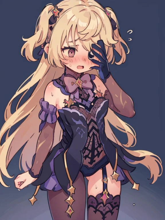 embarrassed, standing, averted gaze, turned head, shocked, thighs and up, level perspective, heavy blushing, open mouth, sweating, horrified, blushing, peaking through fingers, hand covering face, (blush:1.6), no background, transparent background