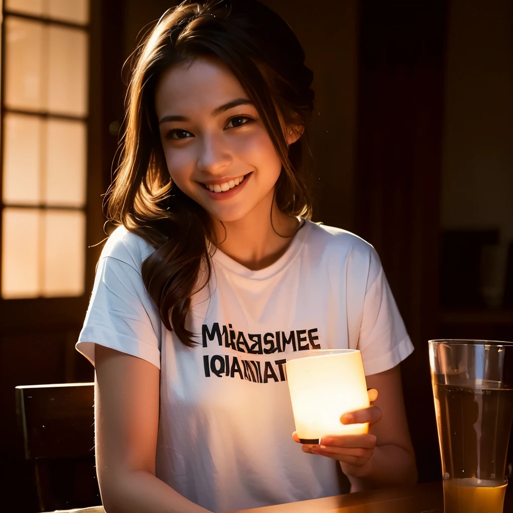 Cute teenage girl wearing, (masterpiece, highest quality:1.2), ultra high resolution, (realistic:1.4), fine skin, cinematic lighting, friendly, intellectual, conversation engaging, Happy, kind, full of energy, Hilarious, creative, With glowing eyes and a contagious smile