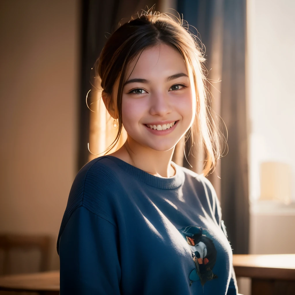 Cute girl wearing, (masterpiece, highest quality:1.2), ultra high resolution, (realistic:1.4), fine skin, cinematic lighting, friendly, intellectual, conversation engaging, Happy, kind, full of energy, Hilarious, creative, With glowing eyes and a contagious smile