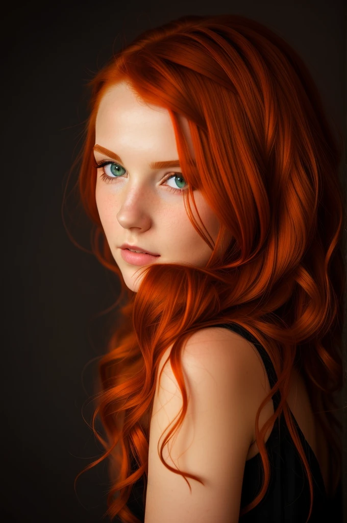 Da ist eine Frau mit roten Haaren und einem schwarzen Kleid, with red hair and green eyes, red-haired girl, cute young red-haired girl, red-haired girl, roter Kopf, portrait of a red-haired girl, mit lockigen roten Haaren, beautiful young model, beautiful portrait lighting, sie ist rothaarig, Girl with red hair, eine rothaarige junge Frau, flowing reddish-brown hair, red-haired goddess