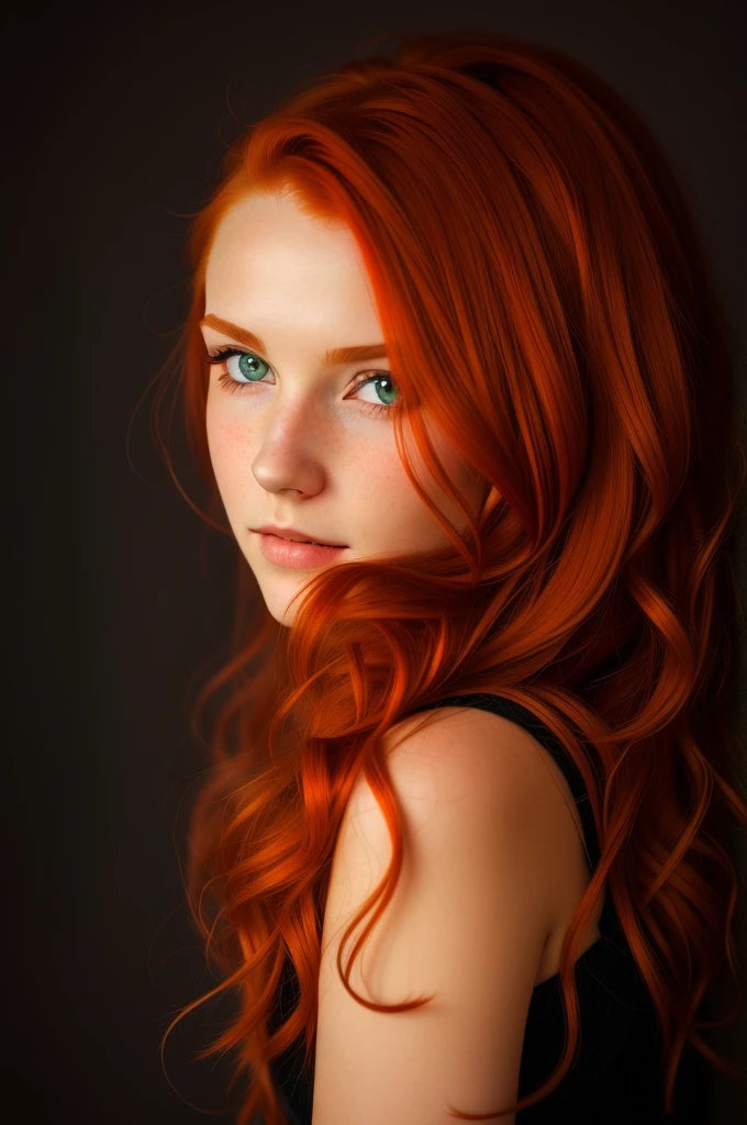 Da ist eine Frau mit roten Haaren und einem schwarzen Kleid, with red hair and green eyes, red-haired girl, cute young red-haired girl, red-haired girl, roter Kopf, portrait of a red-haired girl, mit lockigen roten Haaren, beautiful young model, beautiful portrait lighting, sie ist rothaarig, Girl with red hair, eine rothaarige junge Frau, flowing reddish-brown hair, red-haired goddess