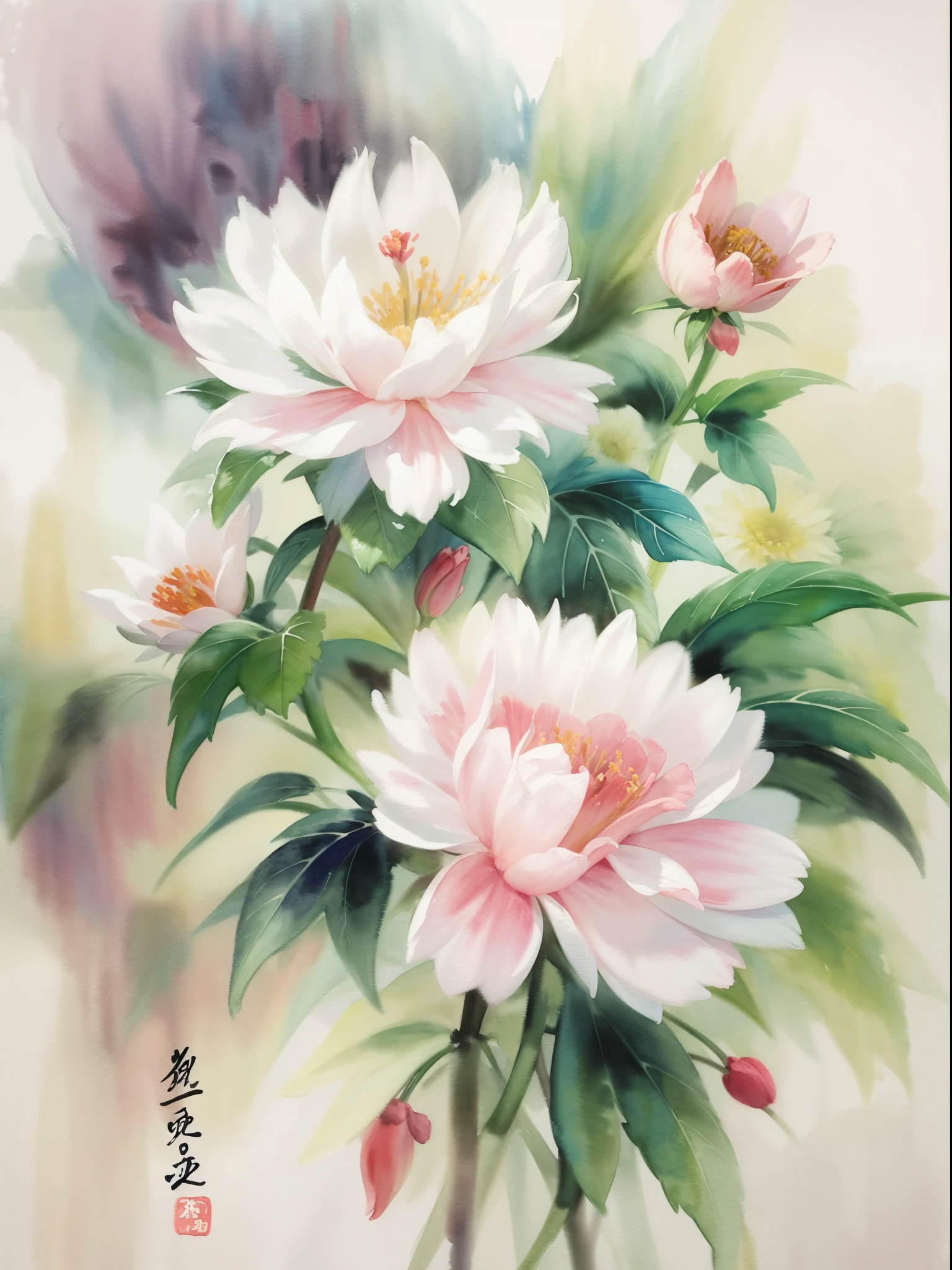 Chinese watercolor paintings focus on the beauty and characteristics of flowers,Using traditional Chinese watercolor style,Capture the elegance and subtlety of flowers,Composition includes various flowers,Each flower is presented with the delicate brushstrokes and soft colors typical of Chinese watercolor art。The arrangement of flowers should be beautiful and beautiful,Demonstrate their individual beauty and the overall balance of the composition。The background should be minimalist,Make flowers the centerpiece of your artwork, (floral watercolor painting:1.5)