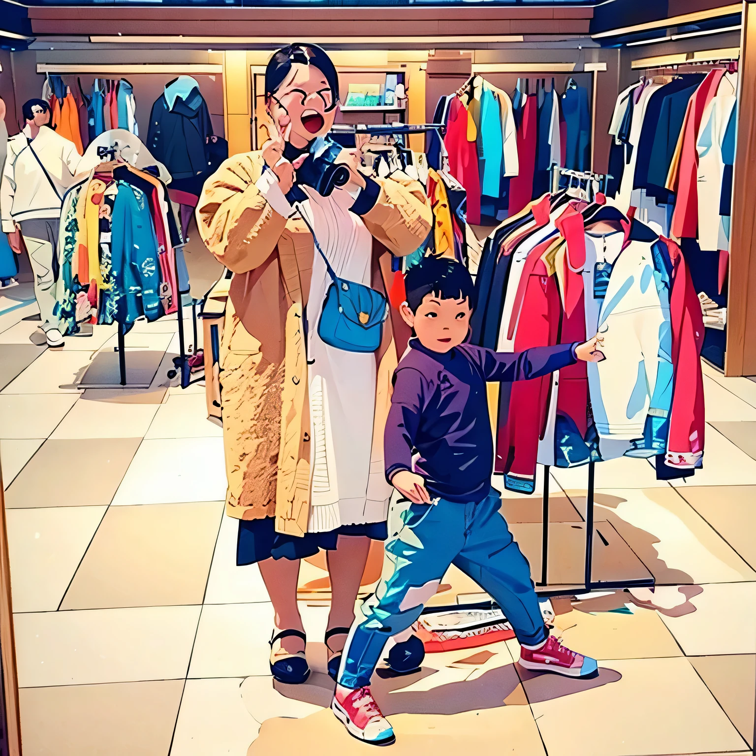 Woman taking photo of boy with camera in store, in a mall里, in a mall, With children, 出现in a mall, influencer, Dressed as a fisherman 🧥, trend ，, 🤬 🤮 💕 🎀, Photographed by Nikon Z9, from me, Fashion, F / 2 0, Full body wide angle lens, Photo 85mm