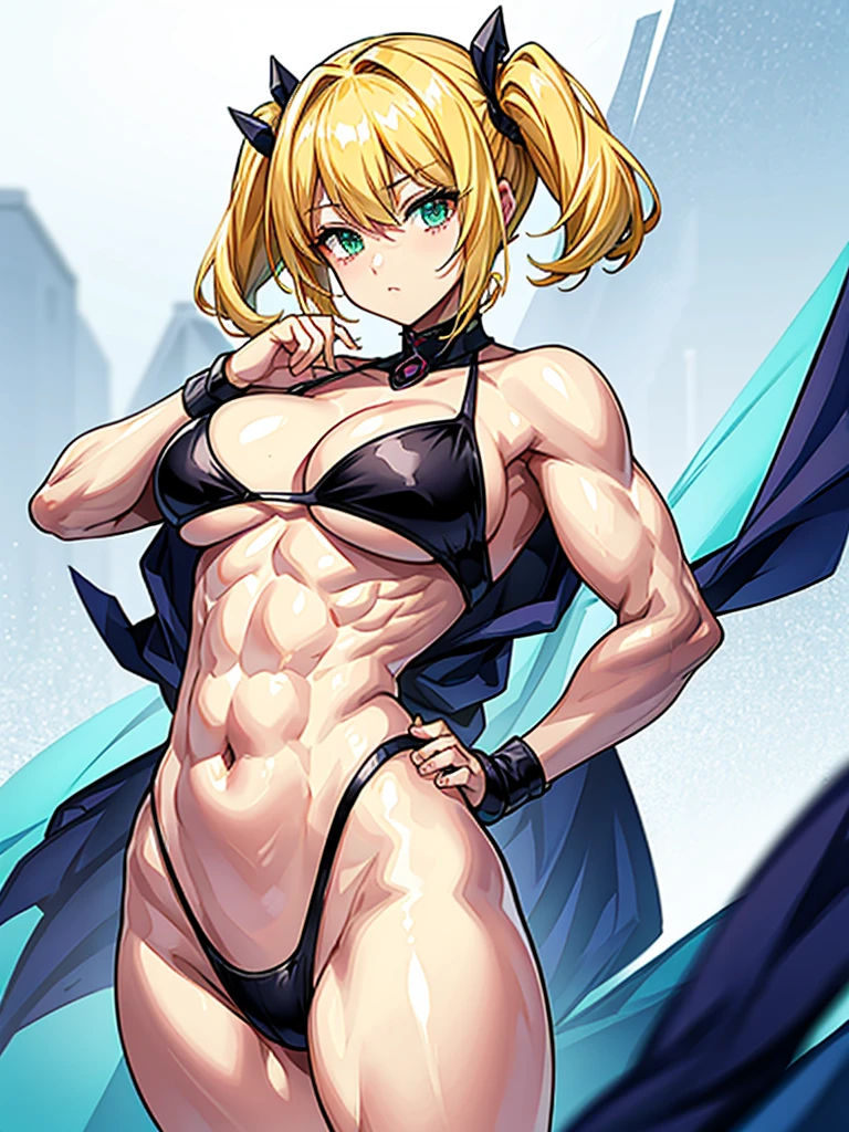 （（（masterpiece、Highest image quality、highest quality、highly detailed unity 8ｋwallpaper）））、（（Illustration of one girl））、（（（beautiful girl）））、（（blonde、short hair、two side up、sidelocks、green eyes））、（（（tall、stocky build, thickset physique：1.3, muscular legs, broad shoulders, solid chest）））、swimsuit、sandy beach