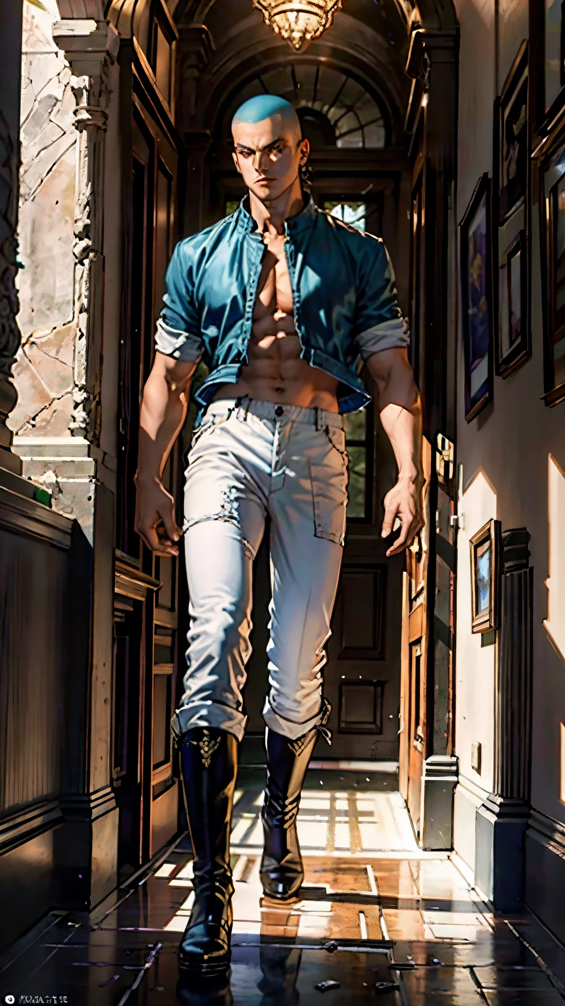 In the backdrop of an ancient fantasy-reality setting, a youth sporting a platinum crew cut displays a piercing gaze and confident demeanor. Adorned in a two-piece fusion outfit, seamlessly blending Western and Eastern influences, he wears a snug dark top paired with a vibrant yellow-blue short jacket. The lower half features loose white utility pants, and his sturdy long boots echo through the corridors of an antiquated architectural landscape. The overall aesthetic captures the essence of a refined and mature anime-inspired rogue, symmetrical face, extremely detailed eyes and face, high quality eyes, high definition, highres, ultra-fine painting, exquisite and mature, extremely delicate, professional, anatomically correct, creativity, UHD, HDR, 32k, Natural light, cinematic lighting, best shadow, masterpiece-anatomy-perfect, best quality, masterpiece, ultra-detailed