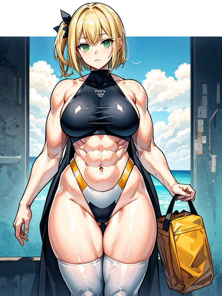 （（（masterpiece、Highest image quality、highest quality、highly detailed unity 8ｋwallpaper）））、（（Illustration of one girl））、（（（beautiful girl）））、（（blonde、short hair、two side up、sidelocks、green eyes））、（（（tall、stocky build, thickset physique：1.3, muscular legs, broad shoulders, solid chest）））、swimsuit、sandy beach