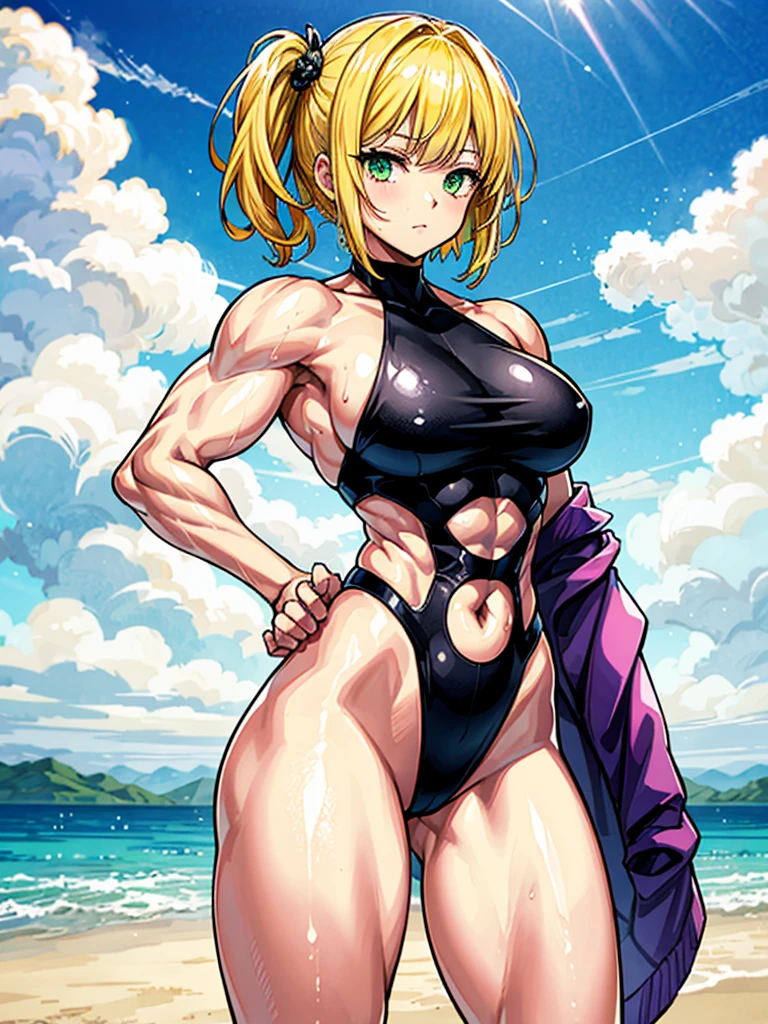 （（（masterpiece、Highest image quality、highest quality、highly detailed unity 8ｋwallpaper）））、（（Illustration of one girl））、（（（beautiful girl）））、（（blonde、short hair、two side up、sidelocks、green eyes））、（（（tall、stocky build, thickset physique：1.3, muscular legs, broad shoulders, solid chest）））、swimsuit、sandy beach