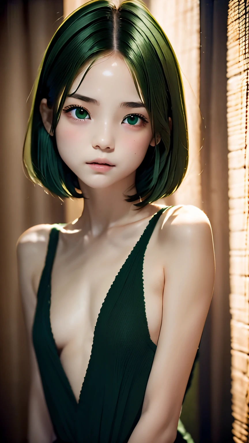 Green World、one girl、anatomy、very cute face、７head and body、(((Dark green hair、short bob)))、dark green eyes、detailed eyes、small breasts、超small breasts、dark green block dress、White inner、RAW photo、highest quality、high resolution、master piece:1.3、Portrait、８ｋ、professional writing、professional photographer、50ｍｍlens、The background is blurry、blurred background