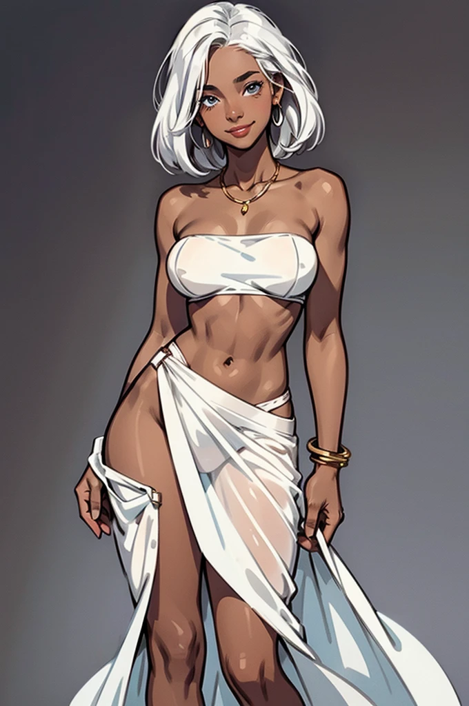 white pupils, transparent eyes, silvery white hair, looking at viewer, brown skin, full body, bandeau on chest, smiling, 19 year old, medium size chest, only bandeau, no other clothes, high resolution