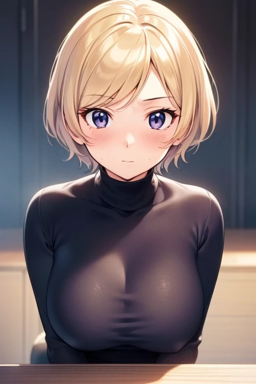 mangamichirum, 1girl, blond hair, short hair, blush, large breast, (black long sleeve inner shirt, turtleneck), upper body, looking at view, (masterpiece, high resolution, best quality, anime screencap, anime colored, 8k, photorealistic)