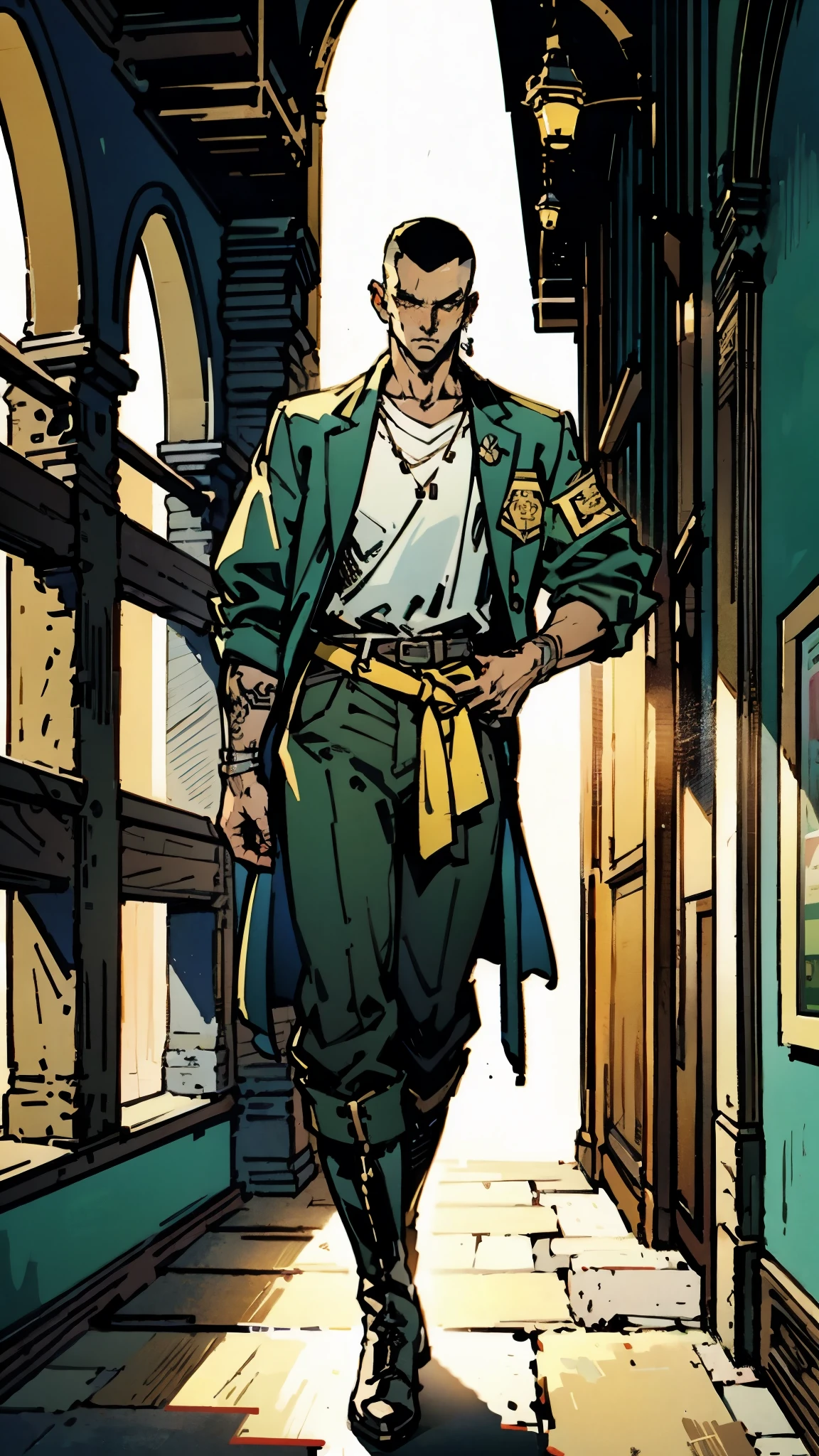 In the backdrop of an ancient fantasy-reality setting, a youth sporting a platinum crew cut displays a piercing gaze and confident demeanor. Adorned in a two-piece fusion outfit, seamlessly blending Western and Eastern influences, he wears a snug dark top paired with a vibrant yellow-blue short jacket. The lower half features loose white utility pants, and his sturdy long boots echo through the corridors of an antiquated architectural landscape. The overall aesthetic captures the essence of a refined and mature anime-inspired rogue, symmetrical face, extremely detailed eyes and face, high quality eyes, high definition, highres, ultra-fine painting, exquisite and mature, extremely delicate, professional, anatomically correct, creativity, UHD, HDR, 32k, Natural light, cinematic lighting, best shadow, masterpiece-anatomy-perfect, best quality, masterpiece, ultra-detailed
