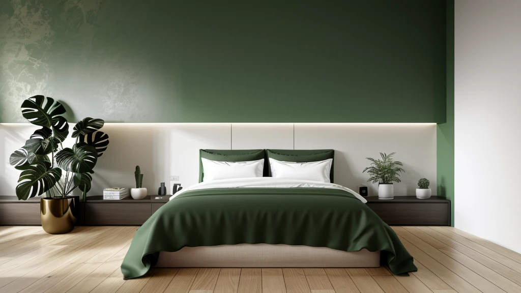 best quality, masterpiece, BEDROOM Interior design, 1000k, minimalist style:1.2, GREEN tone:1.2, 