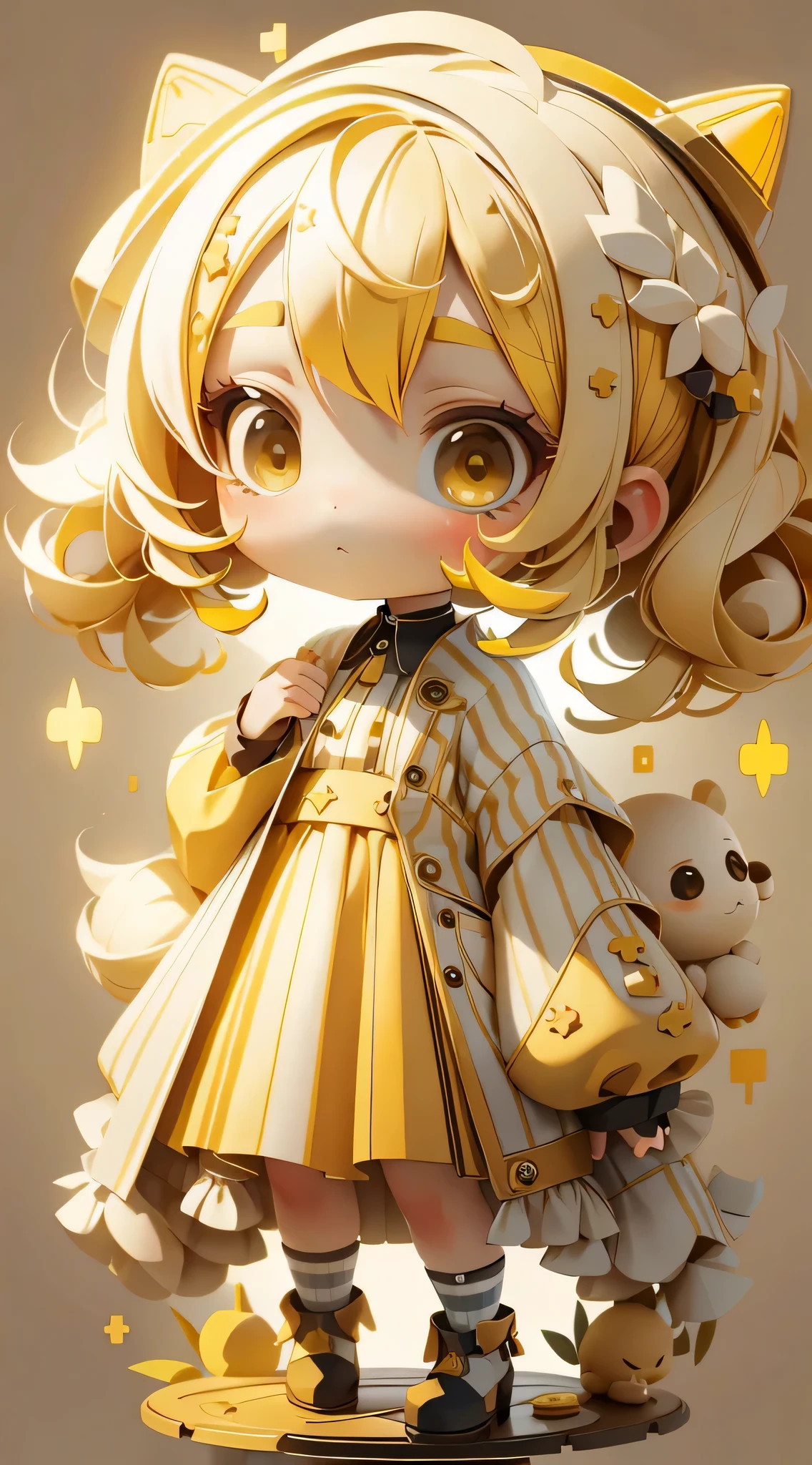 plastican00d, 1 girl, Chibi T-Shi,yellow hair, luxurious fabrics, Jitter,looking at the audience, Striped background
