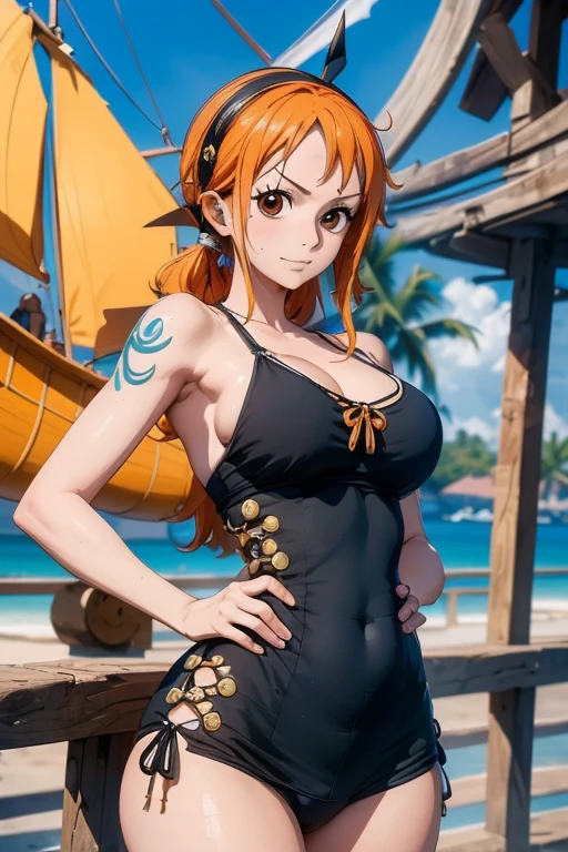 one-piece nami, vista de traz , cabelo laranja, Lindos olhos castanhos, ((vestindo calcinha de renda sensual)) , segurando seus seios grandes , usando botas laranjas, sword in one he, peitos sexy, pose lasciva ,corpo todo, arms behind the back, (fundo do navio pirata) (melhor qualidade, 4k, 8k, high resolution, obra de arte:1.2), ultra-detalhado, e (realista, photorealista, HDR, Ultra HD, studio lighting, pintura ultrafina, sharp focus,Nami Rosto, olho nami