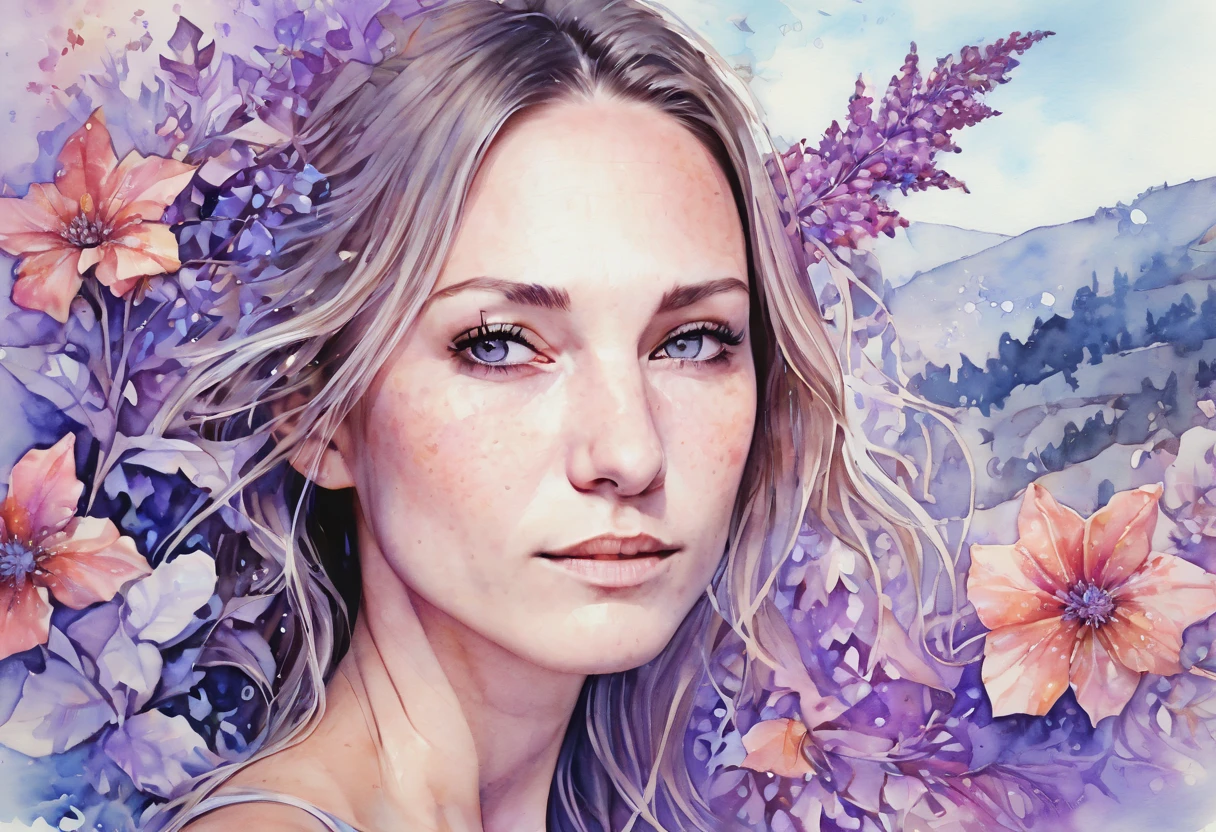Marija. Watercolor Flowers , portraits, fantasy art, detailed features, vibrant colors, detailed features, long flowers, subtle magical lighting, three side view, 1 side potrait,2 side close, 3 side in the batlle, photo collage, soft purple, film grain, detailed pores and wrinkles on the skin film grain, detailed pores and wrinkles on the skin, detailed village in background, full of stars sky, zentangle