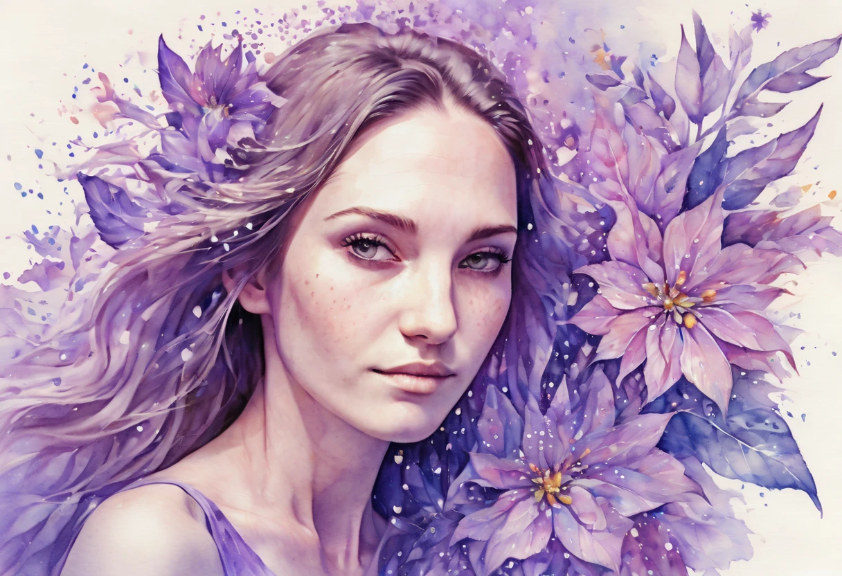 Marija. Watercolor Flowers , portraits, fantasy art, detailed features, vibrant colors, detailed features, long flowers, subtle magical lighting, three side view, 1 side potrait,2 side close, 3 side in the batlle, photo collage, soft purple, film grain, detailed pores and wrinkles on the skin film grain, detailed pores and wrinkles on the skin, detailed village in background, full of stars sky, zentangle