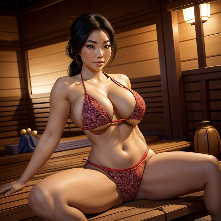disney, mulan, posando sozinha na sauna, cabelo longo solto, bikini sexy, narrow chest, seios grandes redondos empinados, cintura estreita, bunda grande redonda, coxas grossas.