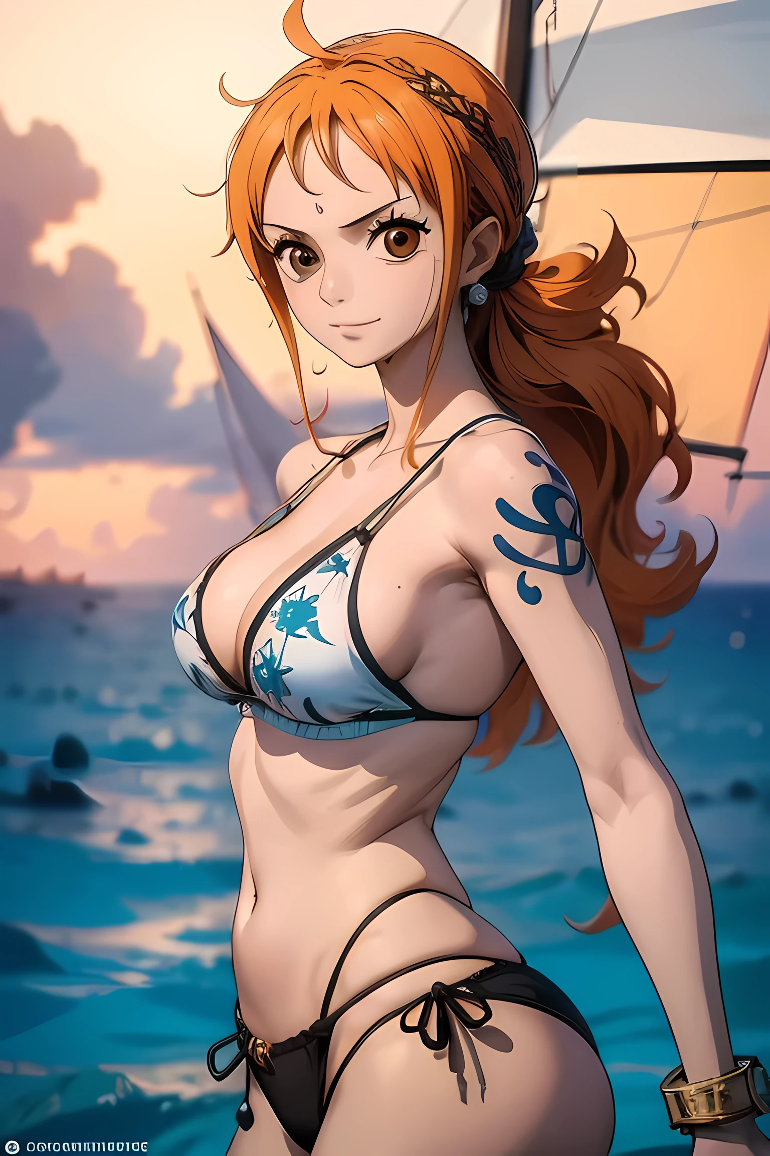 one-piece nami, vista de traz , cabelo laranja, Lindos olhos castanhos, ((vestindo calcinha de renda sensual)) , segurando seus seios grandes , usando botas laranjas, sword in one he, peitos sexy, pose lasciva ,corpo todo, arms behind the back, (fundo do navio pirata) (melhor qualidade, 4k, 8k, high resolution, obra de arte:1.2), ultra-detalhado, e (realista, photorealista, HDR, Ultra HD, studio lighting, pintura ultrafina, sharp focus,Nami Rosto, olho nami