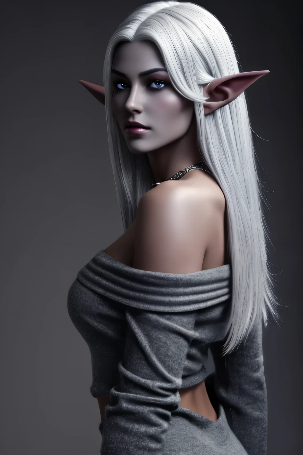 8k, 2,5 CGi, ((masterpiece)), ((best quality)), highres, (CharacterDesingSheet, Same role, facade, side face, on the back), ((Masterpiece, top quality)), Highly detailed face, (1 Dark elf Drow, Lolth), 19 years old, Long hair, Colossal breasts, pointy ears, pearky breast, Watch viewer, White hair, Bare shoulders, Pink eyes, Grey blue skin texture, Jewelry, Full body, A necklace, Off the shoulders, Sweaters, Realistic, A hottie