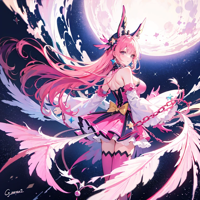 scenery, 1 girl, Pink hair、Lori、小柄、Gamine、Star Elements、Pink costume、magical girl costume、Star Hat、Magical Girl Gloves、Magical Girl Boots、Active Pose、Standing Picture、Mini character style、GameCG, from back, fighting against huge monster on back ground