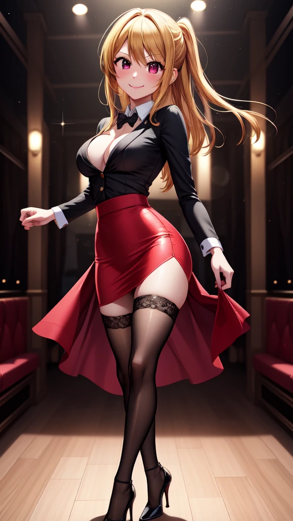 anime, beautiful face, highly detailed face, 2 accurate legs detailed eyes, highly detailed background, perfect lighting, beautiful blonde hair, accurate arms, accurate hands, accurate fingers, full body, 1girl, solo, ruby hoshino, oshi no ko, indoors, detailed heels, black heels, detailed thighhighs, absurdres, high res, ultrasharp, 8K, masterpiece,  looking at viewer, teasing smile, elegant pose, clubbing, in a nightclub,  nightclub outfit, pencil skirt,