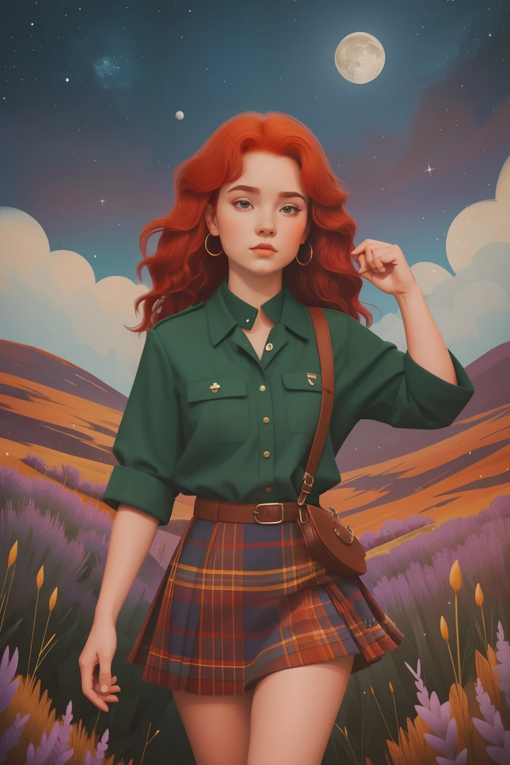 1980s Scottish Highland Sprite Ceilidh (Location: Highlands)
Character: A age girl with fiery red hair, in 1980s Scottish attire, discovers a sprite ceilidh in the Scottish Highlands. The sprites, with kilts made of heather, create a magical dance in the moonlit glen. Wes Anderson's Highland palette adds a touch of enchantment to the Scottish night.