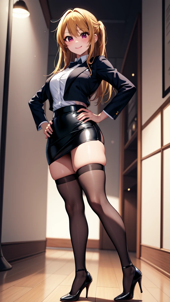 anime, beautiful face, highly detailed face, 2 accurate legs detailed eyes, highly detailed background, perfect lighting, beautiful blonde hair, accurate arms, accurate hands, accurate fingers, full body, 1girl, solo, ruby hoshino, oshi no ko, indoors, detailed heels, black heels, detailed thighhighs, absurdres, high res, ultrasharp, 8K, masterpiece, looking at viewer, teasing smile, elegant pose, clubbing, in a nightclub,  nightclub outfit, pencil skirt, 1 hand on hip