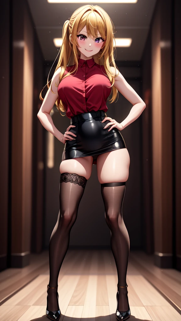 anime, beautiful face, highly detailed face, 2 accurate legs detailed eyes, highly detailed background, perfect lighting, beautiful blonde hair, accurate arms, accurate hands, accurate fingers, full body, 1girl, solo, ruby hoshino, oshi no ko, indoors, detailed heels, black heels, detailed thighhighs, absurdres, high res, ultrasharp, 8K, masterpiece, looking at viewer, teasing smile, elegant pose, clubbing, in a nightclub, nightclub outfit, pencil skirt, 1 hand on hip