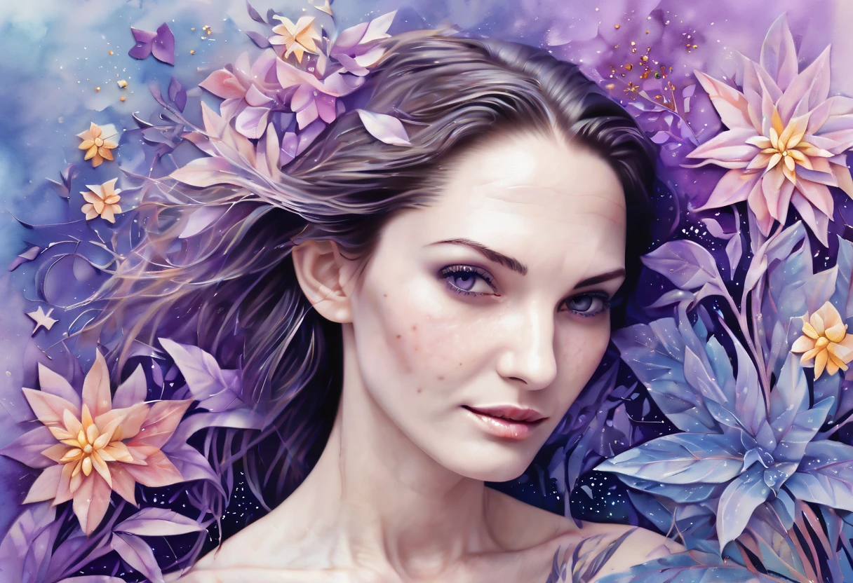 Marija. Watercolor Flowers , portraits, fantasy art, detailed features, vibrant colors, detailed features, long flowers, subtle magical lighting, three side view, 1 side potrait,2 side close, 3 side in the batlle, photo collage, soft purple, film grain, detailed pores and wrinkles on the skin film grain, detailed pores and wrinkles on the skin, detailed village in background, full of stars sky, zentangle , (sampling ratio:1.5)