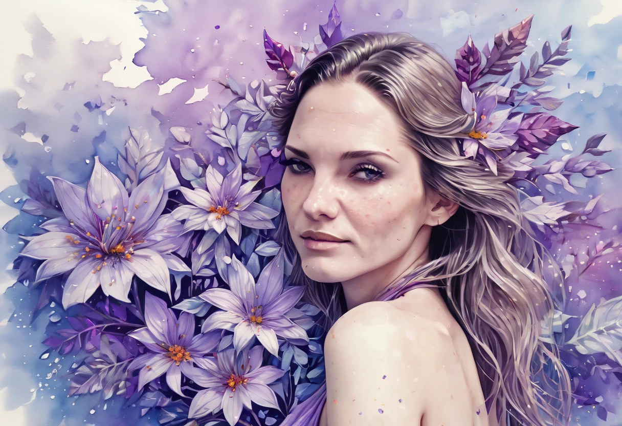 Marija. Watercolor Flowers , portraits, fantasy art, detailed features, vibrant colors, detailed features, long flowers, subtle magical lighting, three side view, 1 side potrait,2 side close, 3 side in the batlle, photo collage, soft purple, film grain, detailed pores and wrinkles on the skin film grain, detailed pores and wrinkles on the skin, detailed village in background, full of stars sky, zentangle , (sampling ratio:1.5)