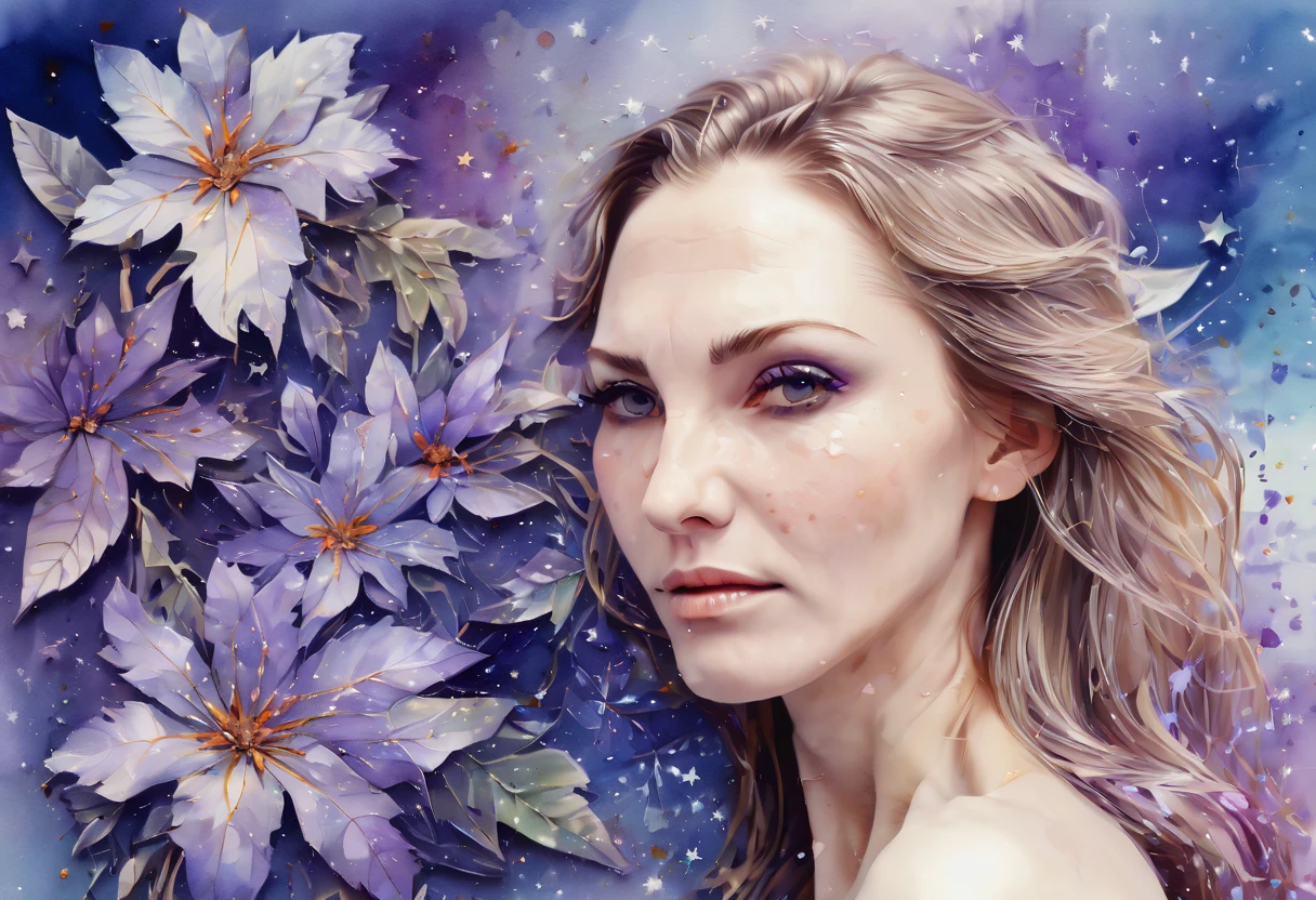 Marija. Watercolor Flowers , portraits, fantasy art, detailed features, vibrant colors, detailed  features, long flowers, subtle magical lighting, three side view, 1 side potrait,2 side close, 3 side in the batlle, photo collage, soft purple, film grain, detailed pores and wrinkles on the skin film grain, detailed pores and wrinkles on the skin, detailed  village in background, full of stars sky, zentangle , (sampling ratio:1.5)