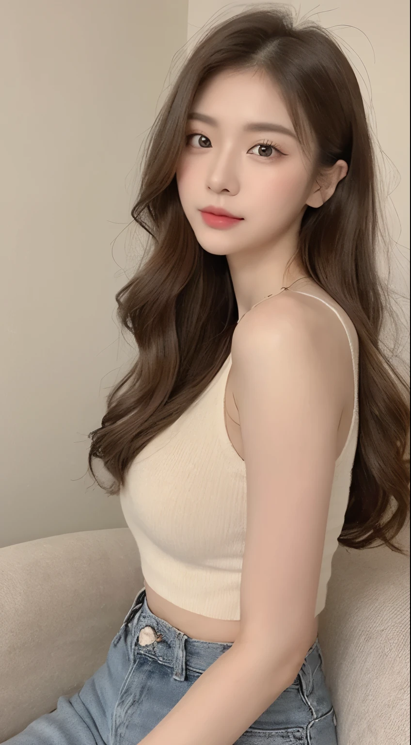(Masterpiece, best resolution: 1.2), ((illustration), (extremely detailed), (best illustration),1girl, (yellow singlet top), long jeans pants,white background, (((far shoot))), (((front shoot))),(best quality), (super detailed), (masterpiece), (detailed face), realistic 1 girl with a perfect figure, asians girl, chinese girl, full body, living room, light make up, white top, eyes look front, small eyes, double eyelid, side view, long curly hair, ((full body:1:1))