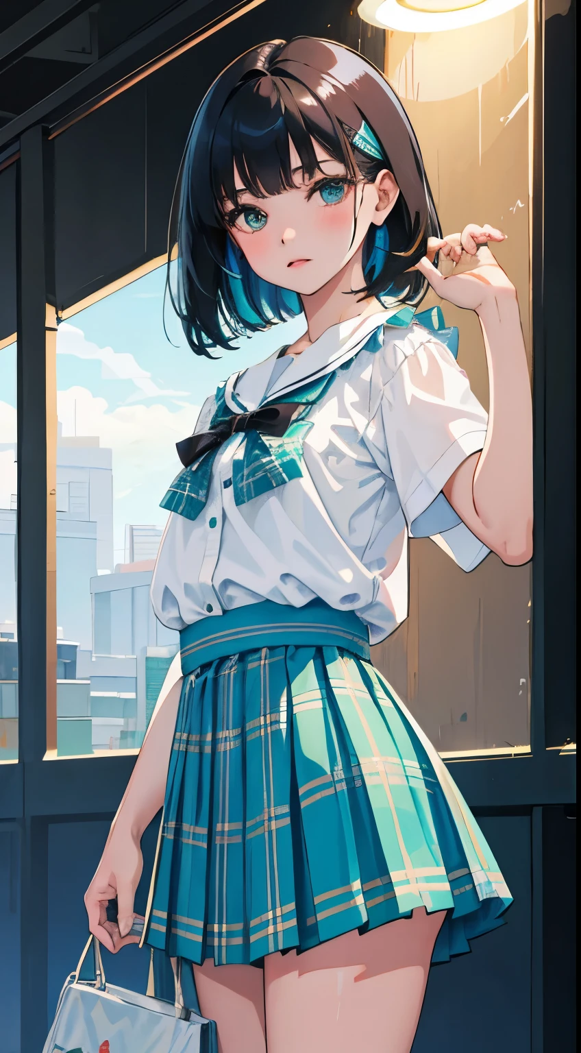 (child),(masterpiece,Top quality),Turquoise pleated miniskirt with blue-green plaid pattern,short sleeve,black hair,Summer Classroom,night,night景