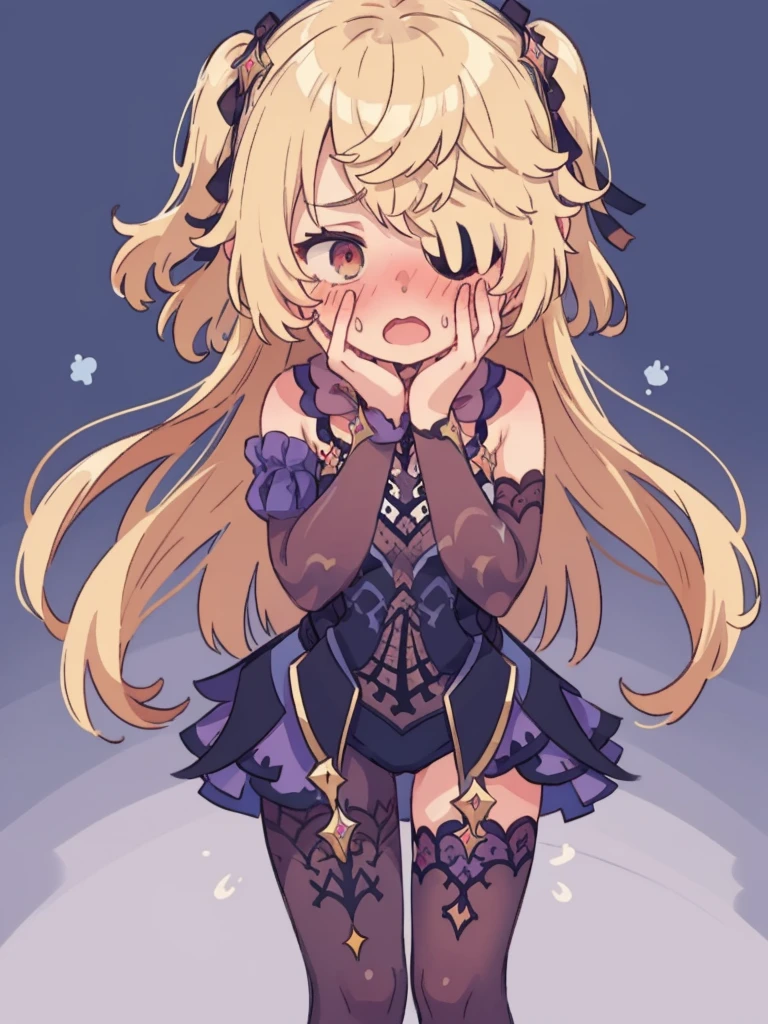 embarrassed, standing, averted gaze, turned head, shocked, thighs and up, level perspective, heavy blushing, open mouth, sweating, horrified, blushing, peaking through fingers, hand covering face, (blush:1.6), no background, transparent background