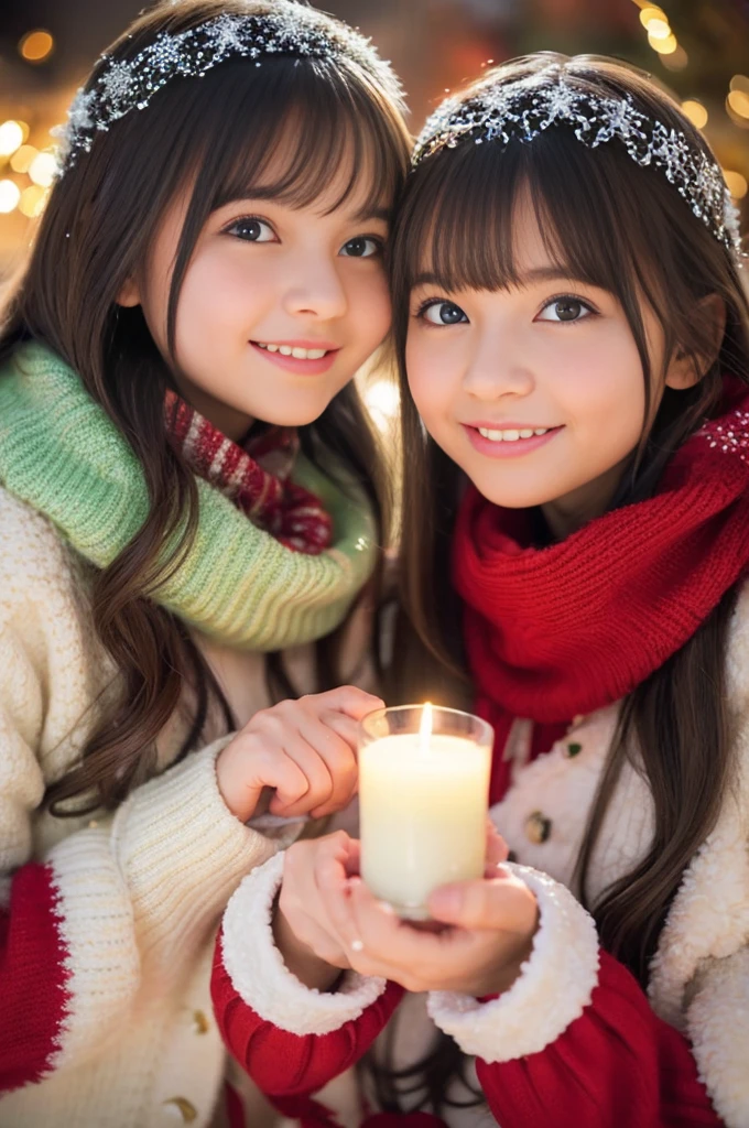 (Best Quality,Photorealistic,hight resolution),2girls,Beautiful detailed eyes,Beautiful detailed lips,Smiling,Laughing,Cute,Christmas Eve,Happy,having fun,Winters,Joyful,excited,Twinkling lights,Decorated Christmas Tree,clew,cosy atmosphere,Warm fireplace,magical moments,sparkling stars,Glowing candles,snowflakes falling,ground covered with soft snow,colorful holiday decorations,red and green colors,Elegant dresses,Fluffy scarves,Happy memories,cherish sisterhood,love and laughter、12-year-old sisters、a baby face、childish、Looking at the camera、Present Box、