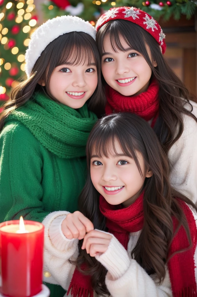 (Best Quality,Photorealistic,hight resolution),2girls,Beautiful detailed eyes,Beautiful detailed lips,Smiling,Laughing,Cute,Christmas Eve,Happy,having fun,Winters,Joyful,excited,Twinkling lights,Decorated Christmas Tree,clew,cosy atmosphere,Warm fireplace,magical moments,sparkling stars,Glowing candles,snowflakes falling,ground covered with soft snow,colorful holiday decorations,red and green colors,Elegant dresses,Fluffy scarves,Happy memories,cherish sisterhood,love and laughter、12-year-old sisters、a baby face、childish、Looking at the camera、Present Box、