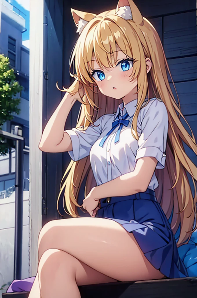 One person!!、、Innocent face、human、Smiling 6 year old g Hair、Blonde!、With bangs、small、1st grade elementt、black eye、cute、Are thin、凄くsmall胸、身長のsmall、体のsmall、Short legs、、Are standing、School、Schoolの制服、Short sleeve、Bare Skin