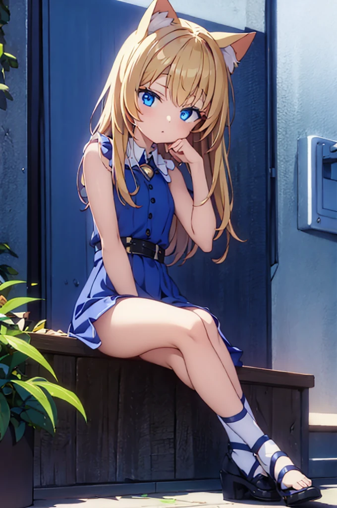 Blue eyes, blonde hair, cat ears, short stature, sitting pose, resting on chin
