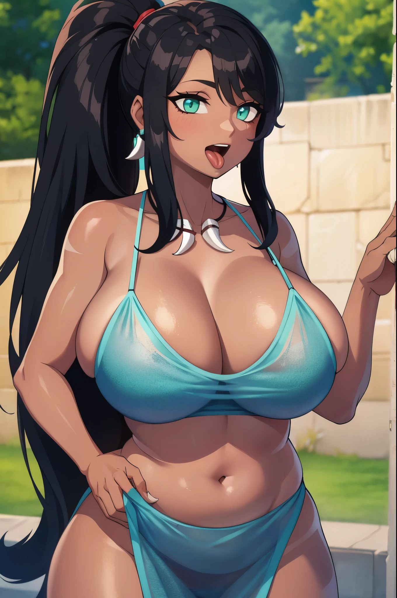 (masterpiece, official art), 1girls, solo, shortstack, thick, curvy, curvaceous, plump, goddess, black hair, green eyes, long hair, ponytail, (nidalee, see-through nightgown, dark skin), (closeup), (huge breasts), looking at viewer, (upper body), smile, seductive, alluring attire, (open mouth, tongue out, twisted eyes)