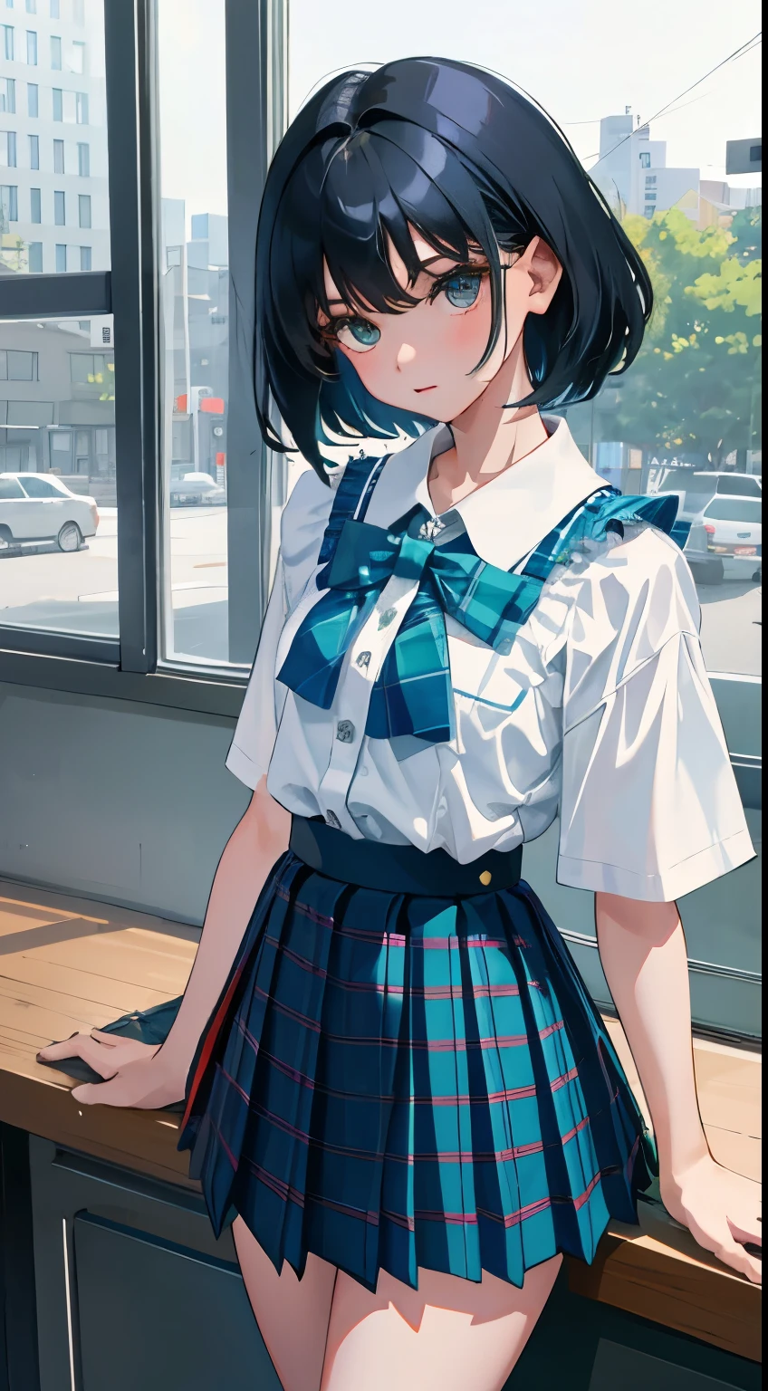 (child),(masterpiece,Top quality),Blue-green plaid pleated mini skirt,short sleeve,black hair,Summer Classroom,night,night景