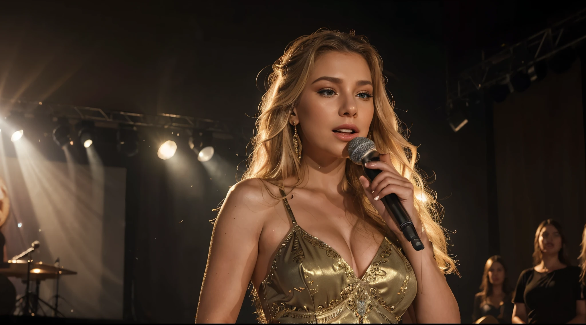 a beautiful blonde singing, ultra-realistic, 48k),oil painting,soft lighting,vivid colors,close-up of face,flowing long hair,sentimental expression,creative hairstyles,microphone in her hand,dramatic stage lighting,subtle makeup detail,sparkling earrings,blurred background of cheering audience,hint of stage smoke and fog,bright stage spotlight,emotive performance,captivating presence,glowing stage atmosphere,vocal cords under tension,emotionally charged lyrics,gorgeous evening gown,expressive hand gestures,rich textures in the dress,eye-catching accessories,grandiose stage setup,subtle shadows on face,intricate facial features